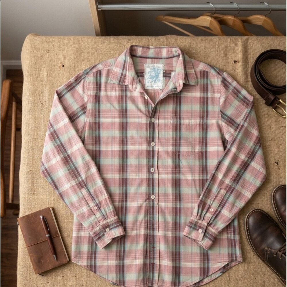 Industrial Exchange Mens Plaid Button-Up Shirt Large Pink & Green Cotton Long Sl
